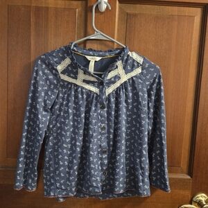 Matilda Jane Blue Floral Button-Up Blouse with Lace Trim